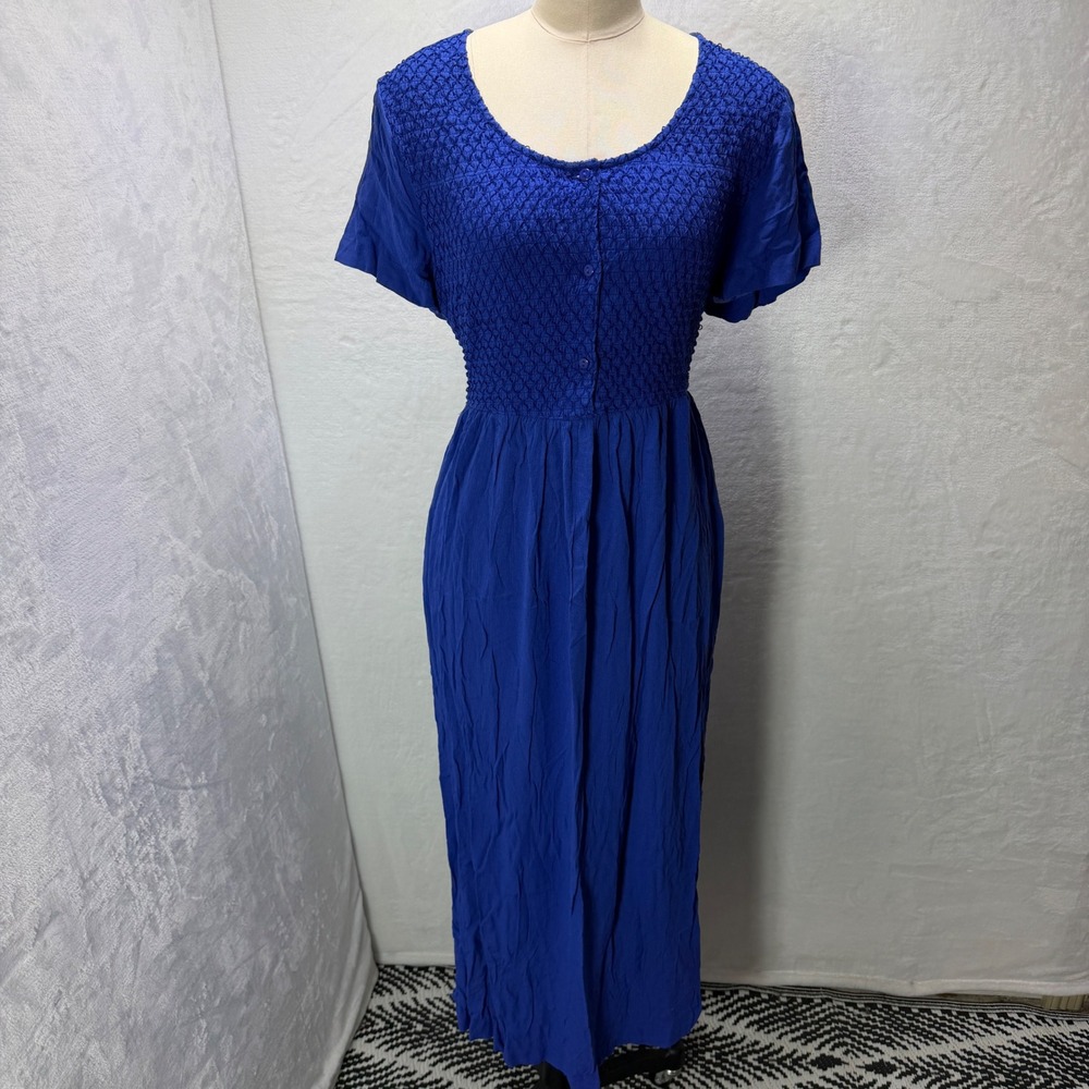 Vermont Country Store Cobalt Blue Smocked Rayon Maxi Dress V-Neck Short Sleeve L